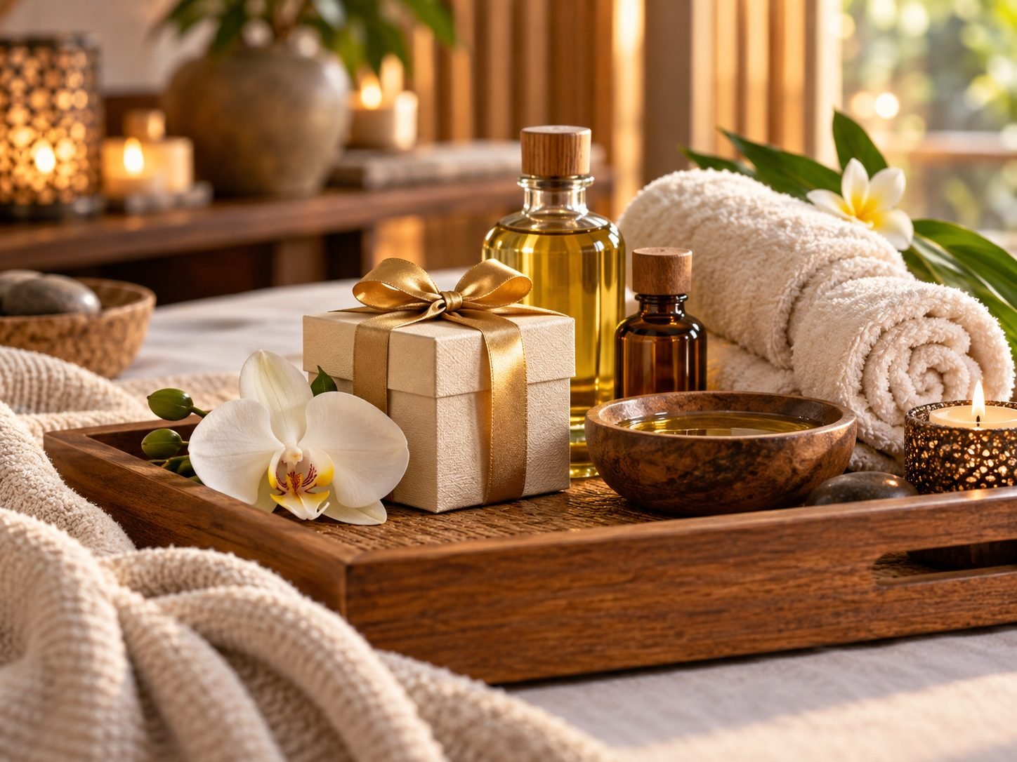 Birthday spa gift setup on a teak tray