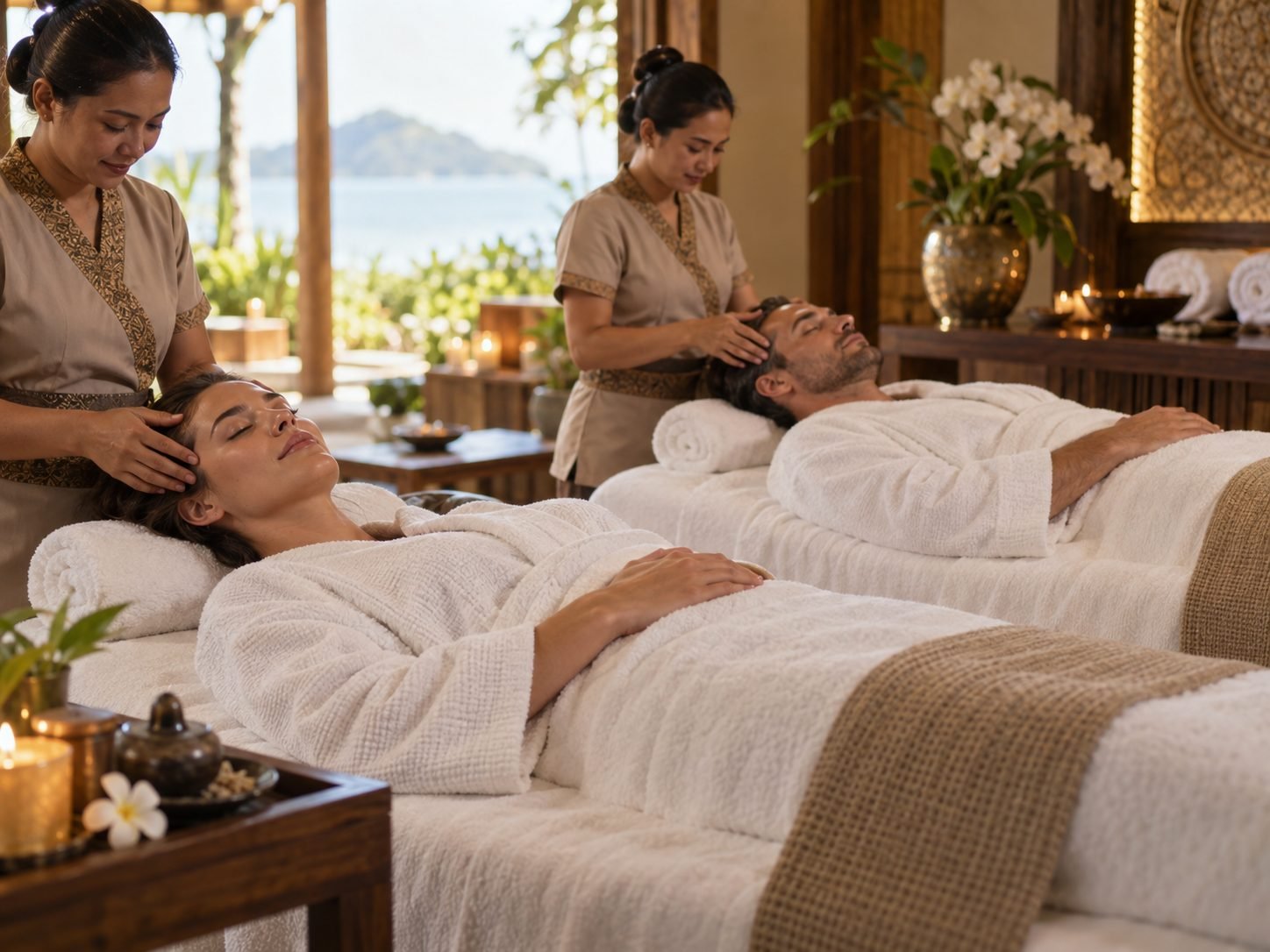 Couple receiving side-by-side massages