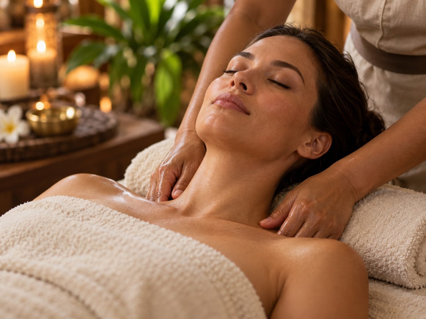 Therapist massaging a relaxed client's neck and shoulders