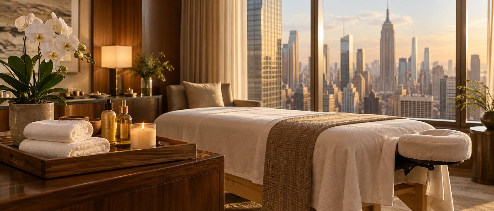 Hotel room prepared for an in-room massage