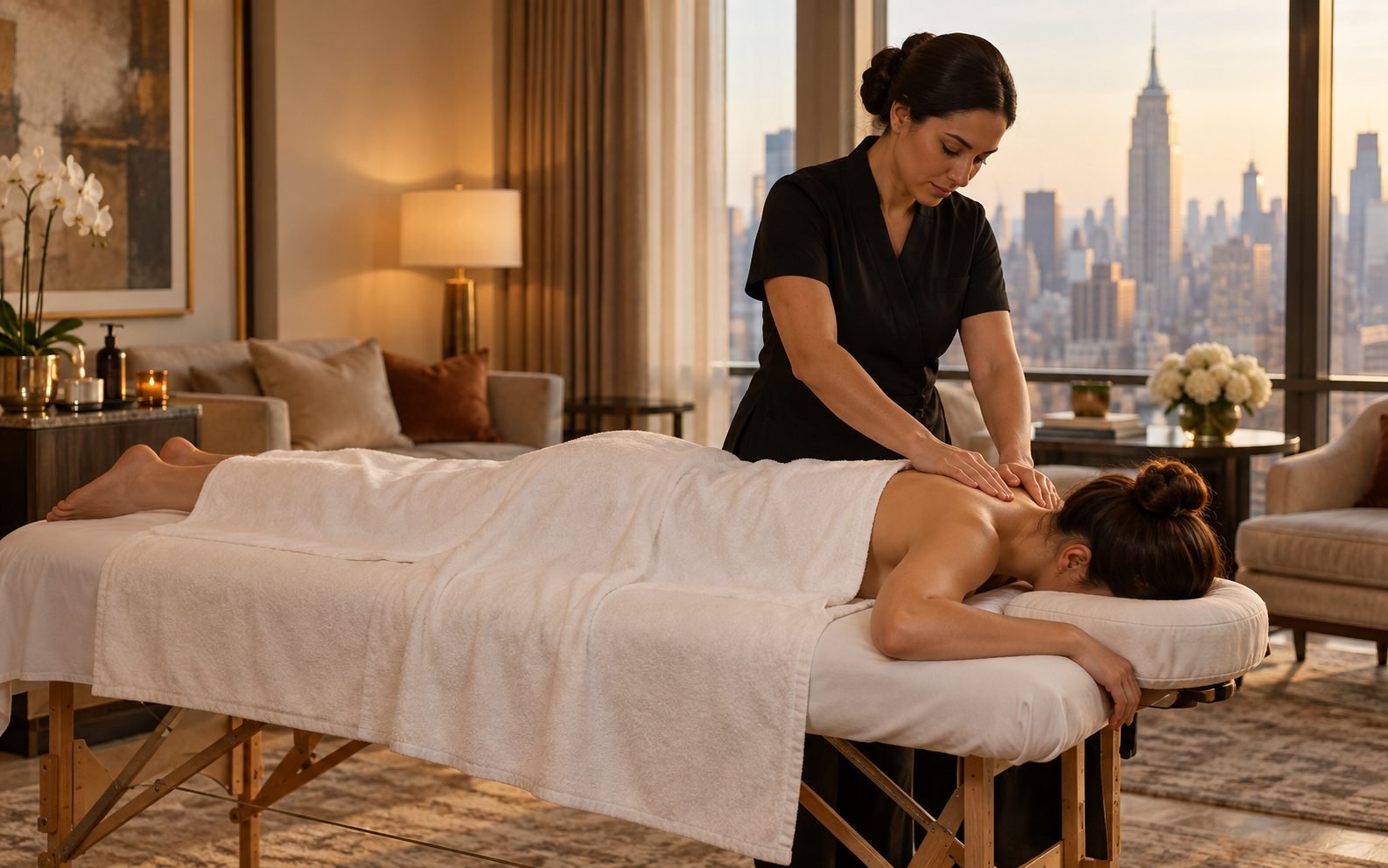 Portable massage table set up in a Manhattan hotel suite