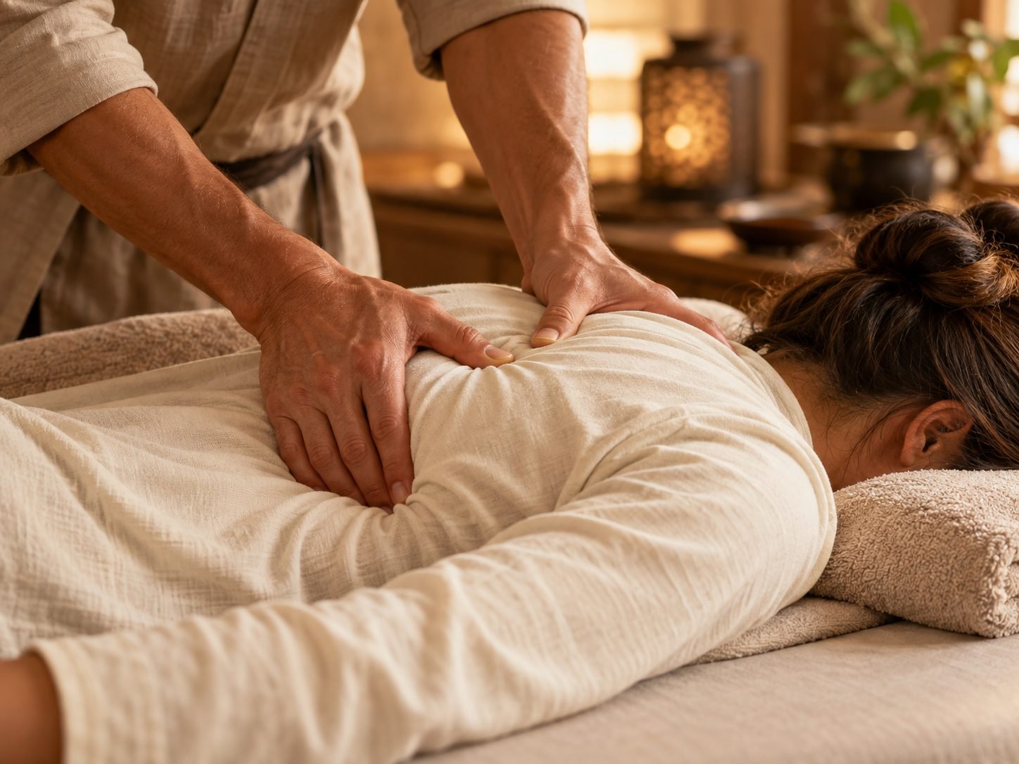 Therapist's hands pressing into upper back muscles