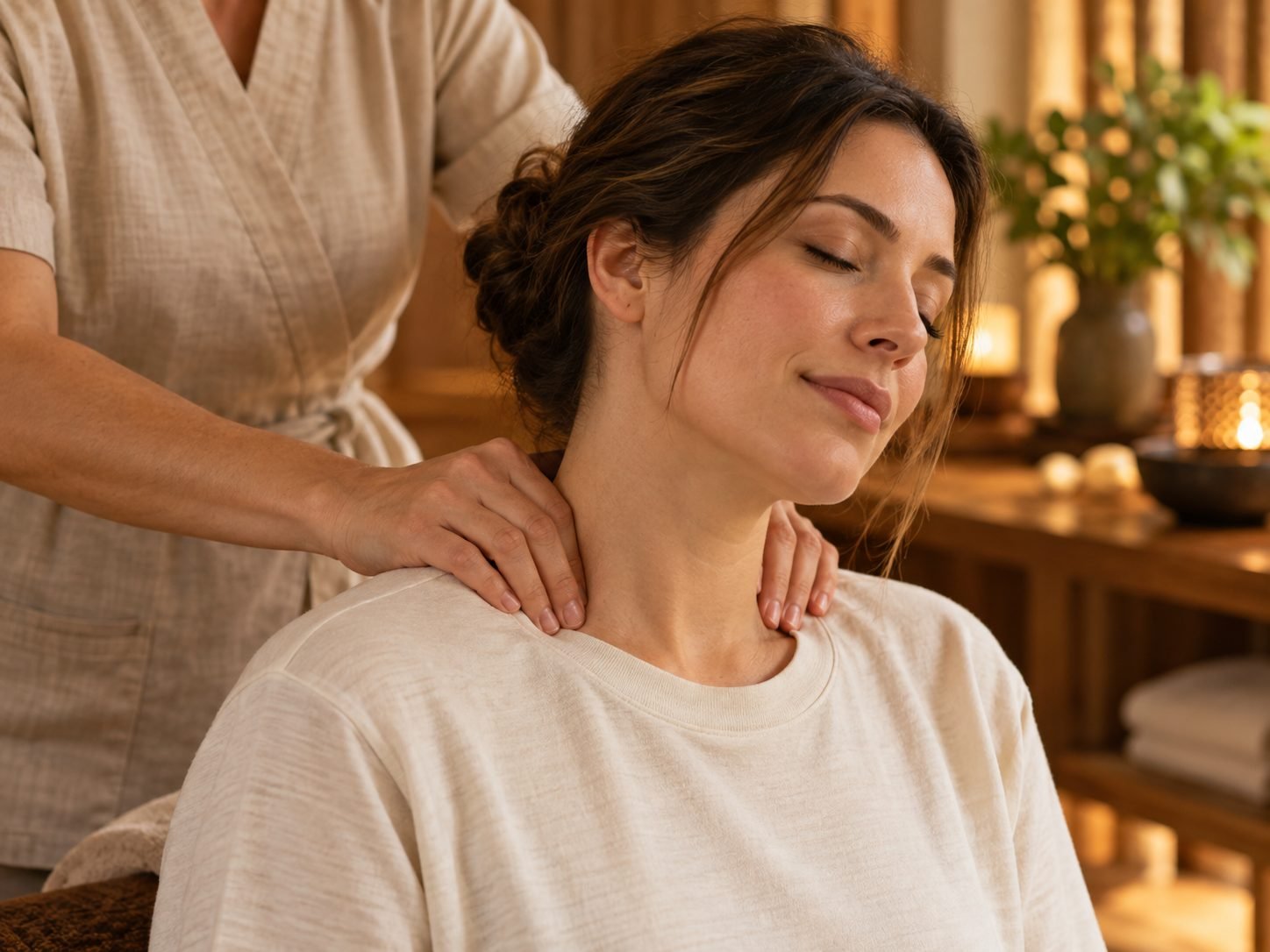 Therapist kneading neck and trapezius muscles