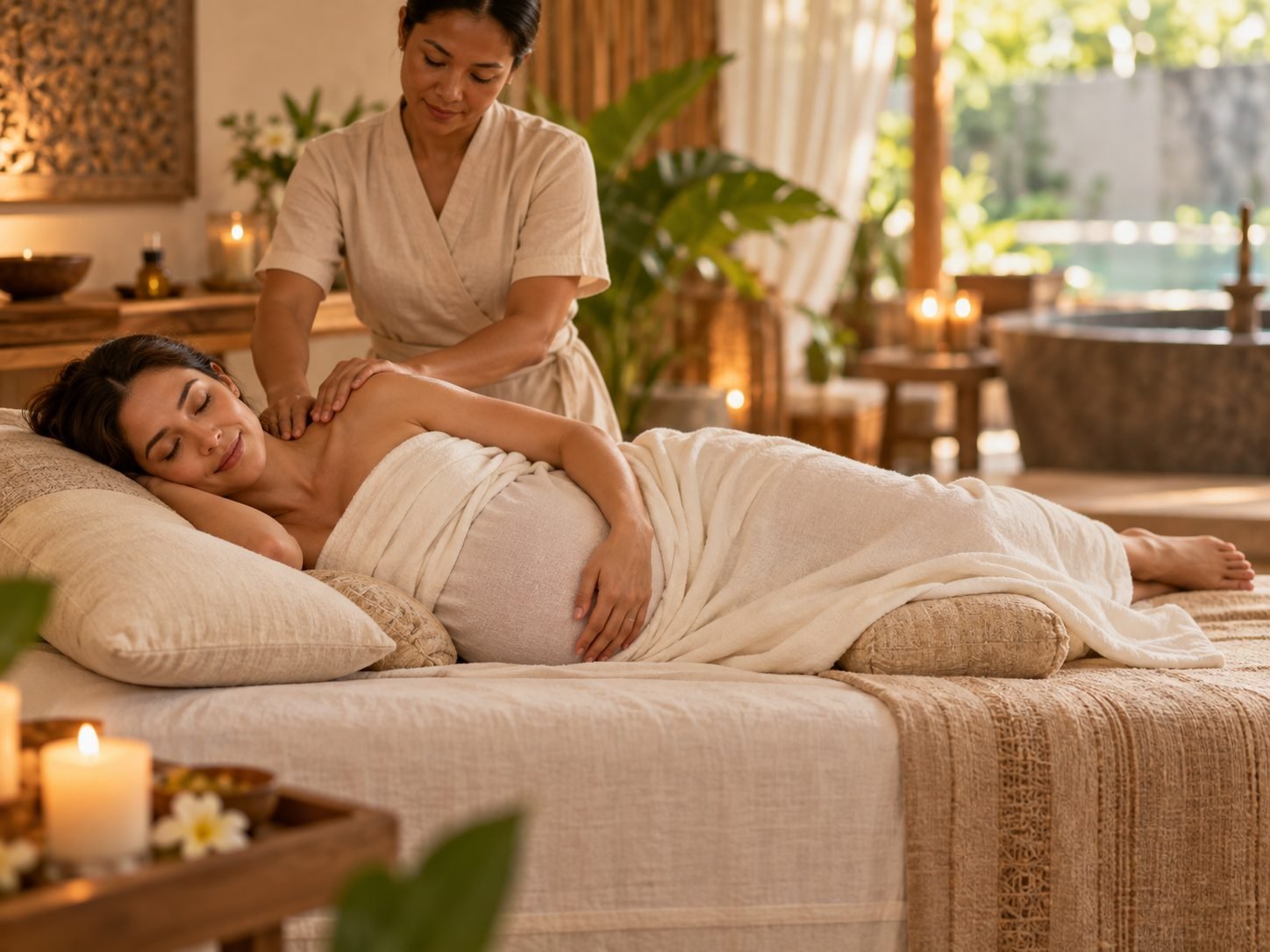 Side-lying prenatal massage supported by pillows