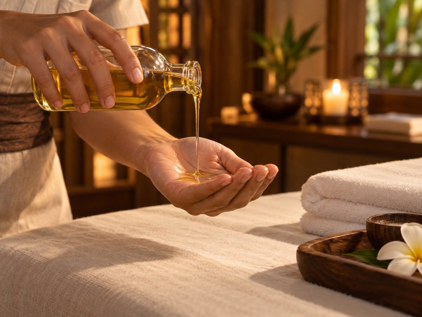 Massage oil poured into a therapist's hand